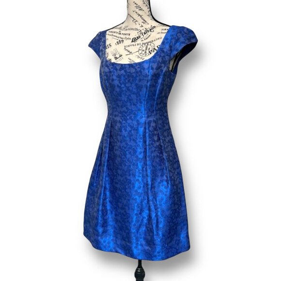 Kay Unger 6 Blue Satin Jacquard Pleated Knee Length Dress Wedding Guest Party - Picture 5 of 8